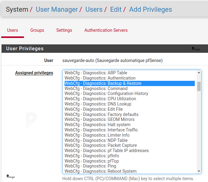 Choix des droits pour un utilisateur pour la sauvegarde - pfSense - Provya