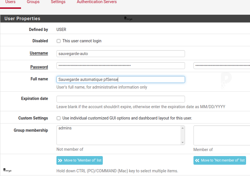 Création d'un utilisateur pour la sauvegarde - pfSense - Provya