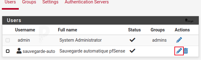Modification d'un utilisateur pour la sauvegarde - pfSense - Provya