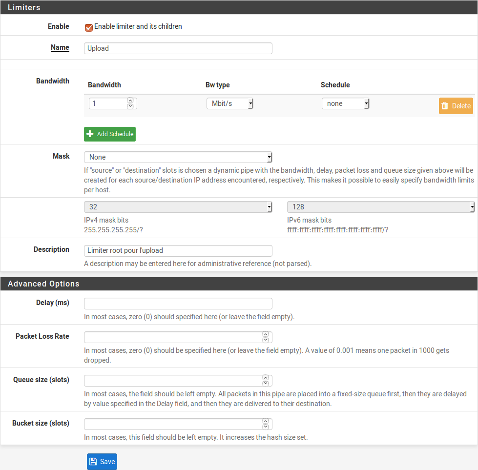 Configuration limiter root pfSense