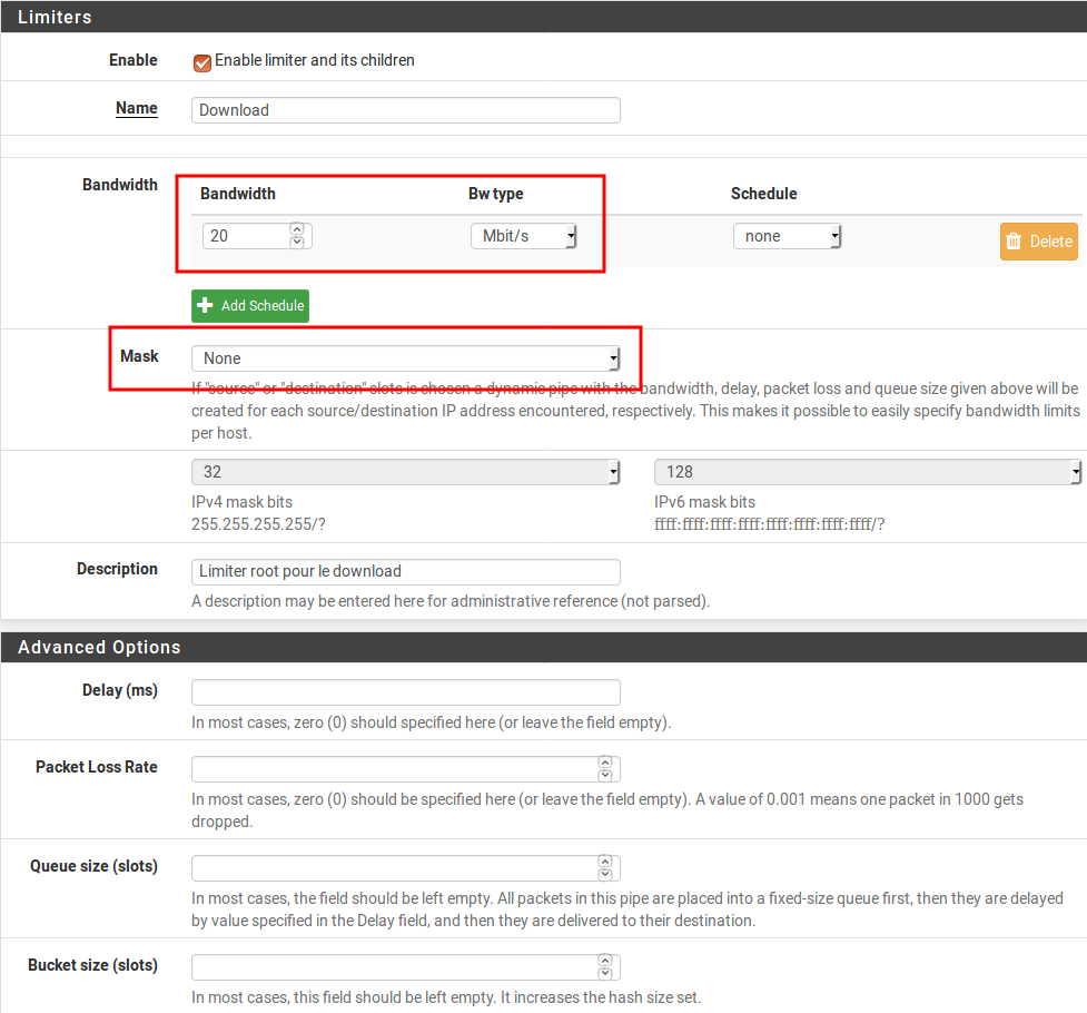 Configuration du limiter root pour le download pfSense