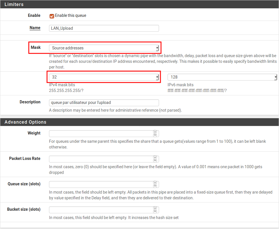 Configuration du limiter queue pfSense