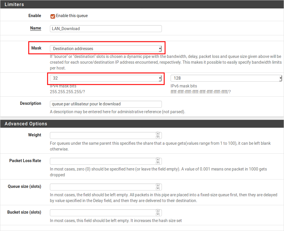 Configuration du limiter queue pour le download pfSense