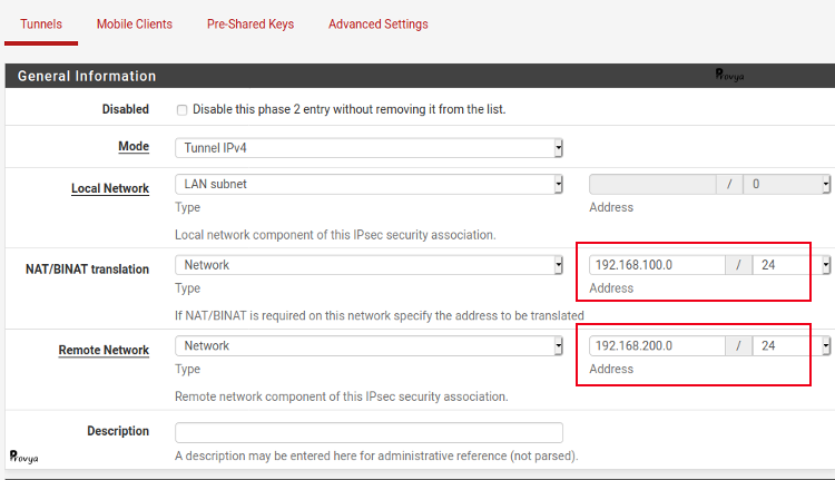 Exemple de configuration d'une phase 2 nattée du VPN IPsec - pfSense - Provya