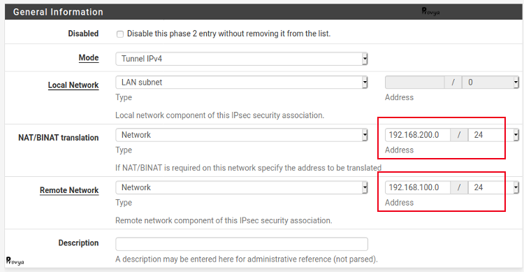 Exemple de configuration d'une phase 2 nattée du VPN IPsec - pfSense - Provya