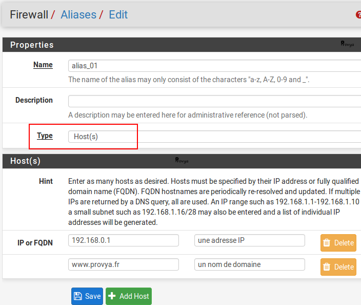 Exemple d'un alias de type host ou IP - pfSense - Provya