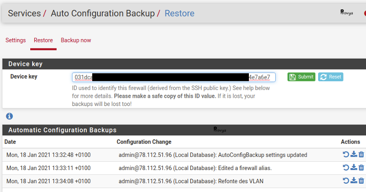Liste des sauvegardes réalisées avec Auto Config Backup - pfSense - Provya