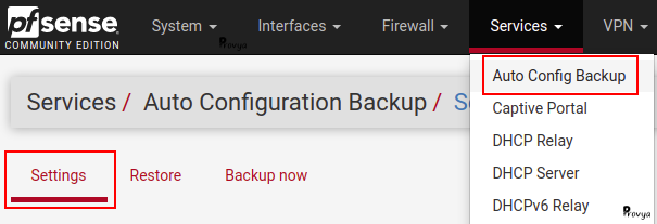 Menu Services > Auto Config Backup - pfSense - Provya