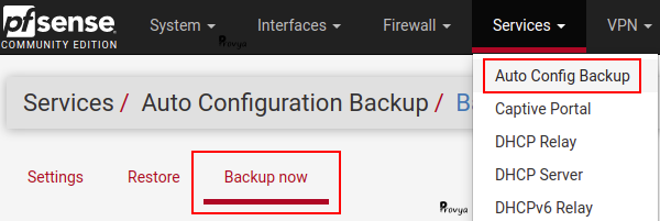 Menu Sevices > Auto Config Backup - Backup Now - pfSense - Provya