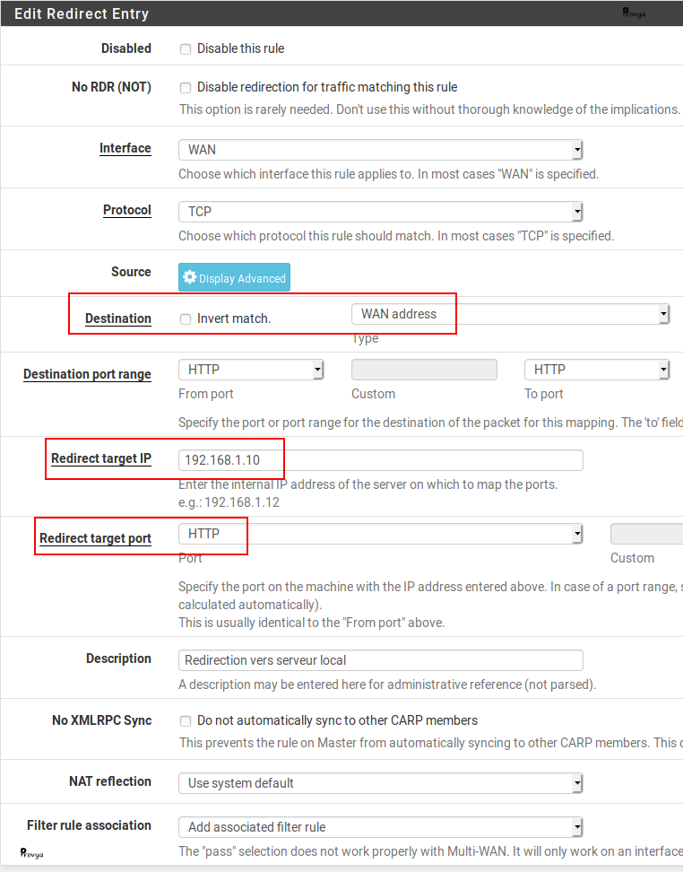 Exemple de configuration d'une redirection de port sous pfSense - Provya