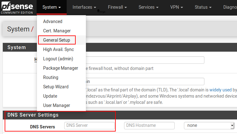 Menu System > General Setup - gestion des DNS - pfSense - Provya