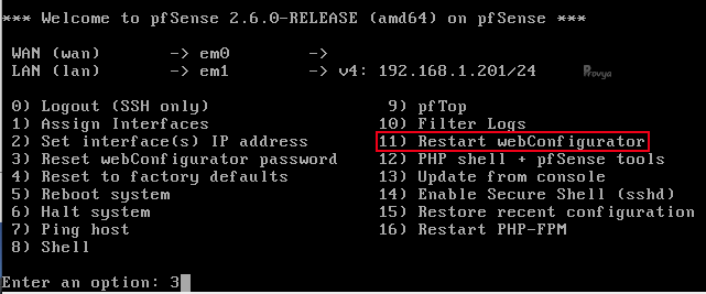 Restart du webui de pfSense