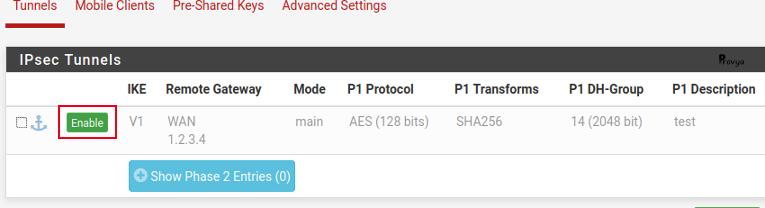 État phase 1 VPN IPsec pfSense - Provya