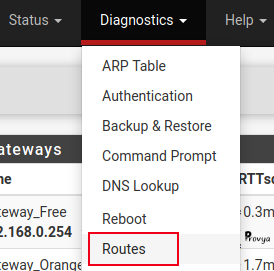 Menu Diagnostics > Routes - pfSense - Provya