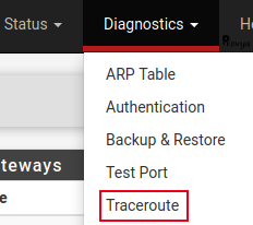 menu Diagnostics > Traceroute - pfSense - Provya