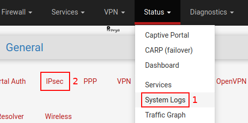 Menu Status > System Logs > IPsec - pfSense - Provya