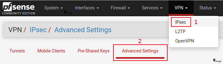 menu VPN > IPsec > Advanced - pfSense - Provya