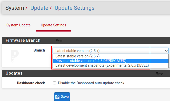 Changement branche mise à jour - pfSense - Provya