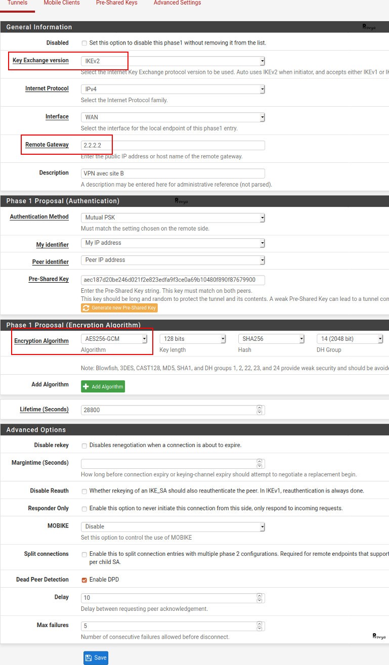 Exemple configuration VPN IPsec - Phase 1 - pfSense - Provya