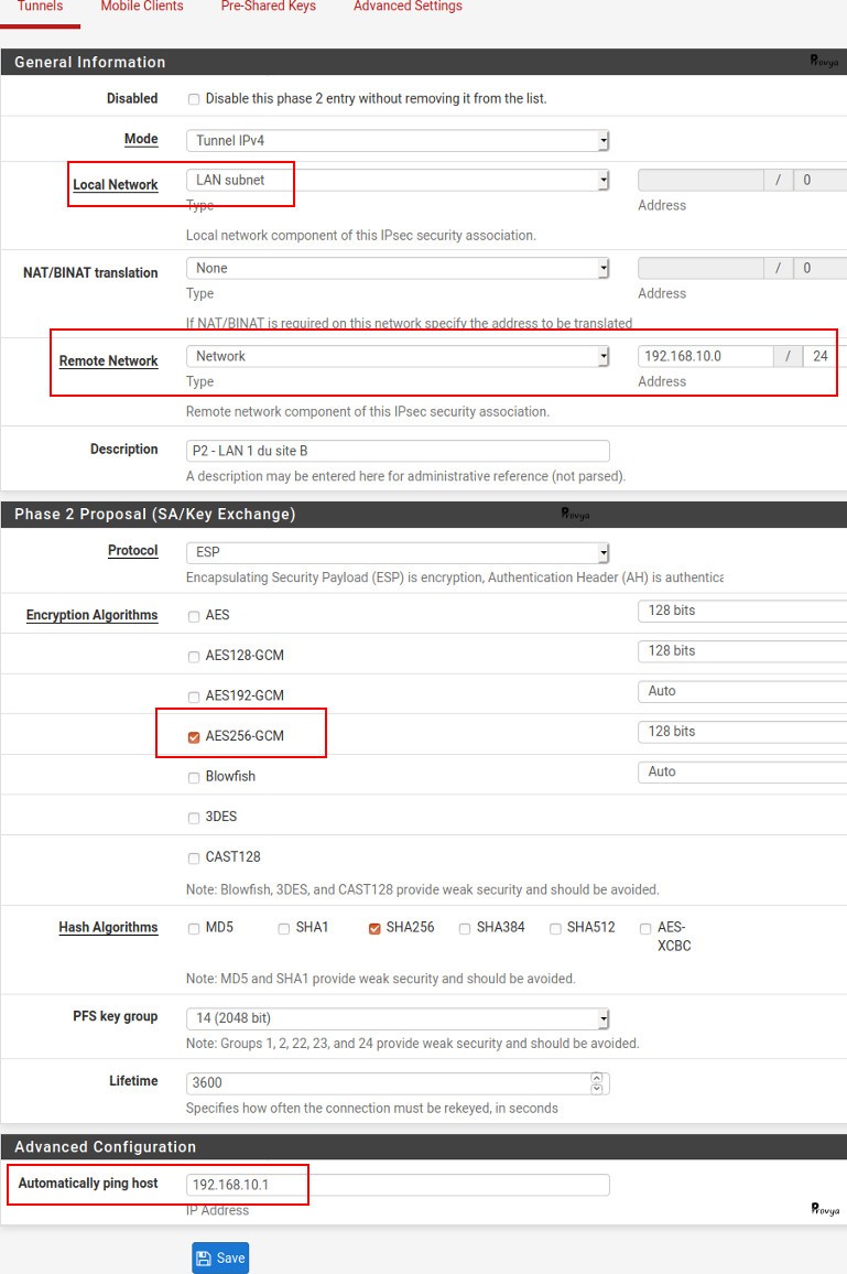 Exemple configuration VPN IPsec - Phase 1 - pfSense - Provya