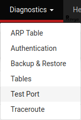 Menu Diagnostics > Test Port - pfSense - Provya