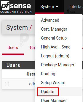Menu System > Update - pfSense - Provya