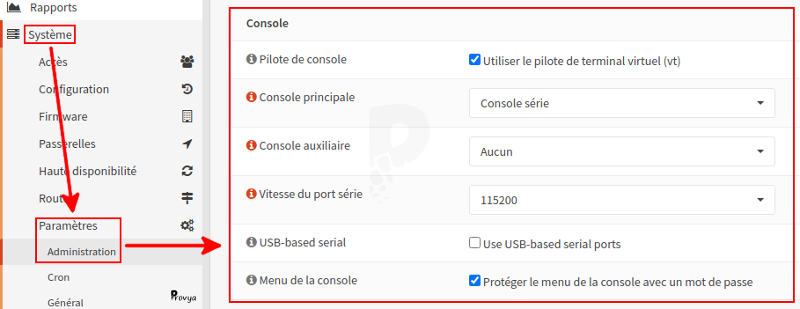 Activer port console - OPNsense - Provya