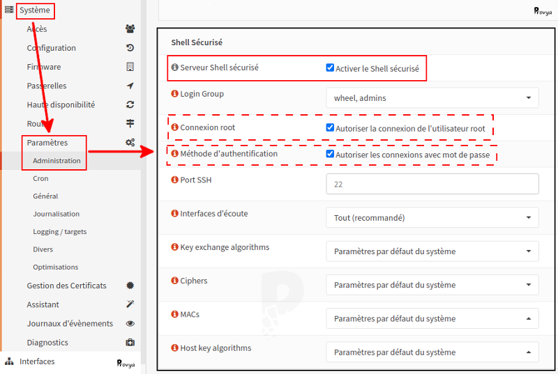 Activer serveur SSH - OPNsense - Provya