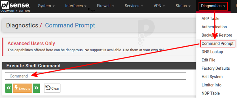 Invite de commande depuis le webui de pfSense - Provya