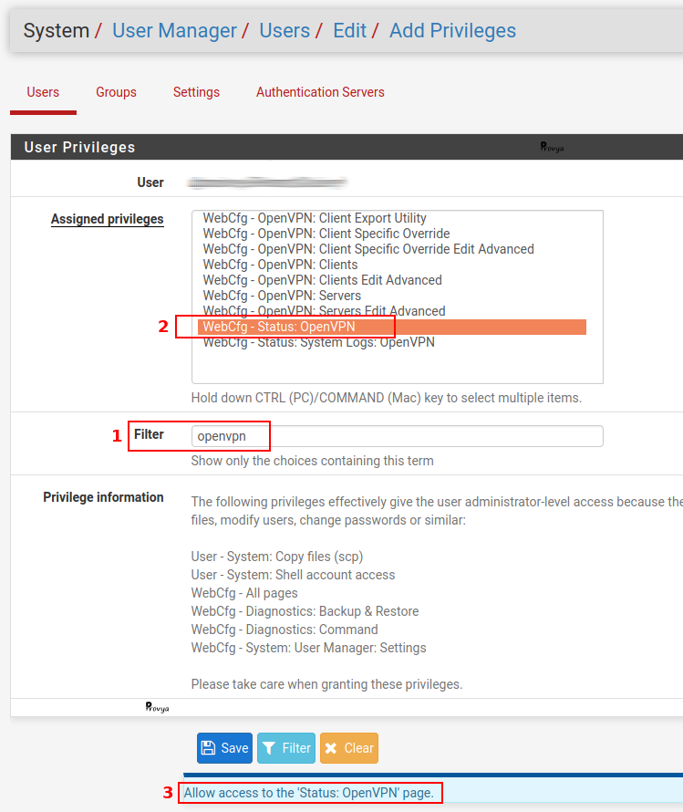 Exemple de recherche sur la gestion des droits utilisateur sous pfSense - Provya