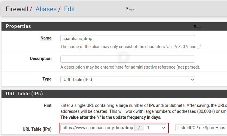 Configuration de l'alias drop sous pfSense - Provya