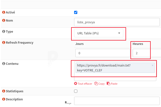 Configuration de la liste Provya - OPNsense