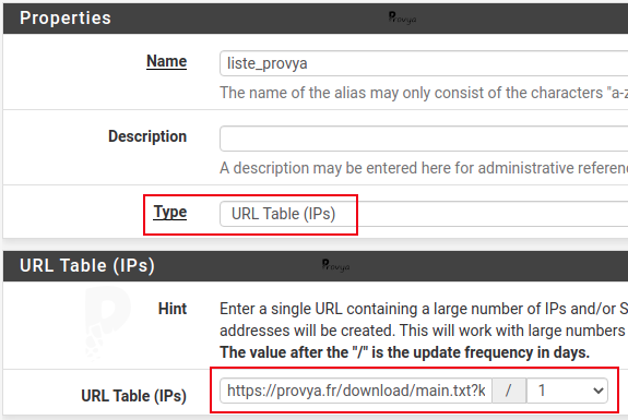 Configuration de la liste Provya - pfSense