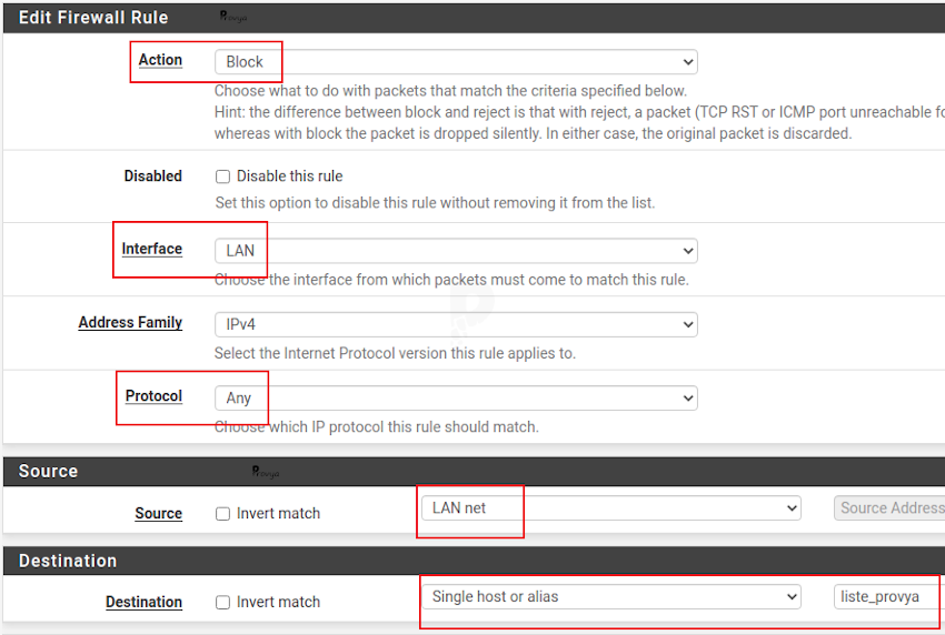 Exemple d'une règle de filtrage côté LAN - pfSense - Provya