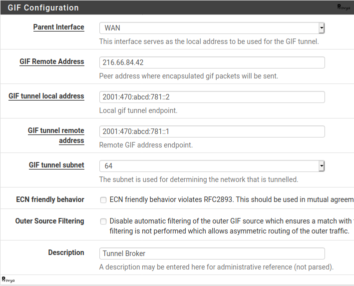 Configuration d'une interface GIF pour IPv6 sur pfSense - Provya
