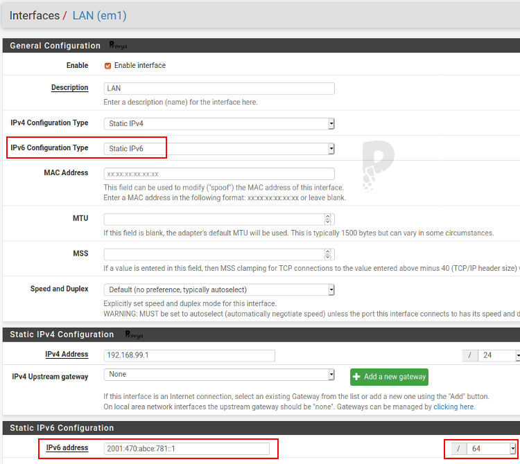 Configurer l'interface LAN en IPv6 - pfSense - Provya