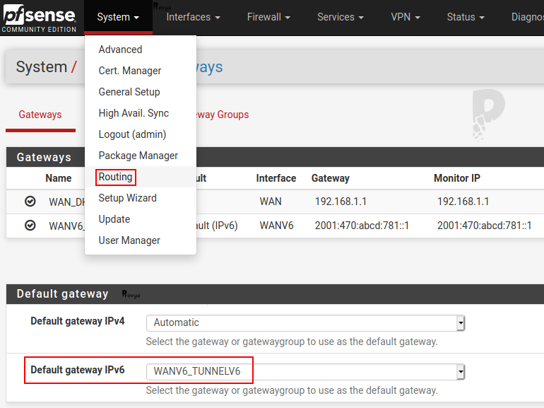 Configurer passerelle par défaut - pfSense - Provya