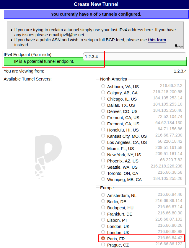 TunnelBroker - choisir le serveur IPv6 d'accès - Provya